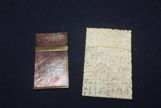 A Canton carved ivory card case and a mother of pearl card case